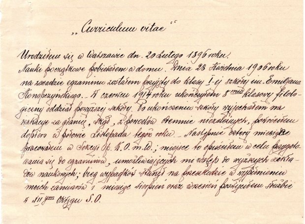 Życiorys Edwarda Kleinadla dołączony w 1915 r. do akt studenckich. Zwracamy uwagę na ten dokument, gdyż w wikipedi za miejsce urodzenia podano: Poznań. Tu, wychodzi, że pionier polskiego tenisa był z urodzenia warszawiakiem. (Archiwum UW, syg. RP 113)