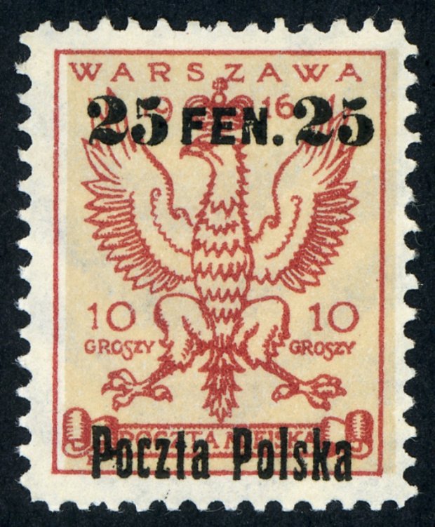 Znaczek serii pomnikowej przedstawiający orła (wydany w 2016 r. nadrukowany w 1918 r.)