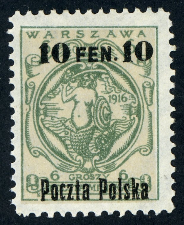 Znaczek serii pomnikowej przedstawiający syrenę w herbie Warszawy w 1916 roku (wydany w 2016 r. nadrukowany w 1918 r.)