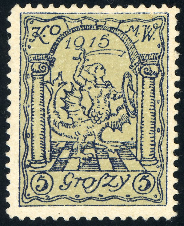 Fot. 1 - 5 gr, czarnoniebieski na tle zielonkawym lub brunatnym, przedstawiający godło Warszawy w XVI wieku