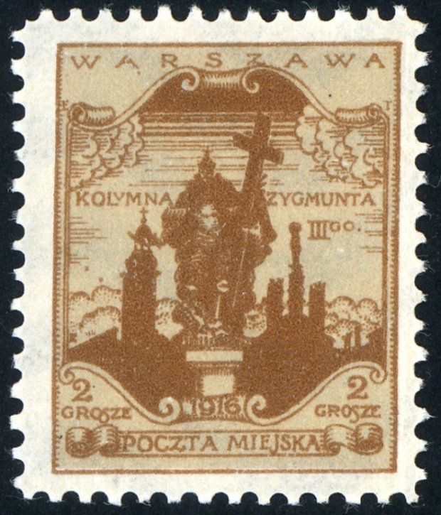 Fot. 12 - znaczek za 2 gr w kolorze brunatnym na piaskowym tle, przedstawiający Kolumnę Zygmunta III Wazy na tle dachów Starego Miasta