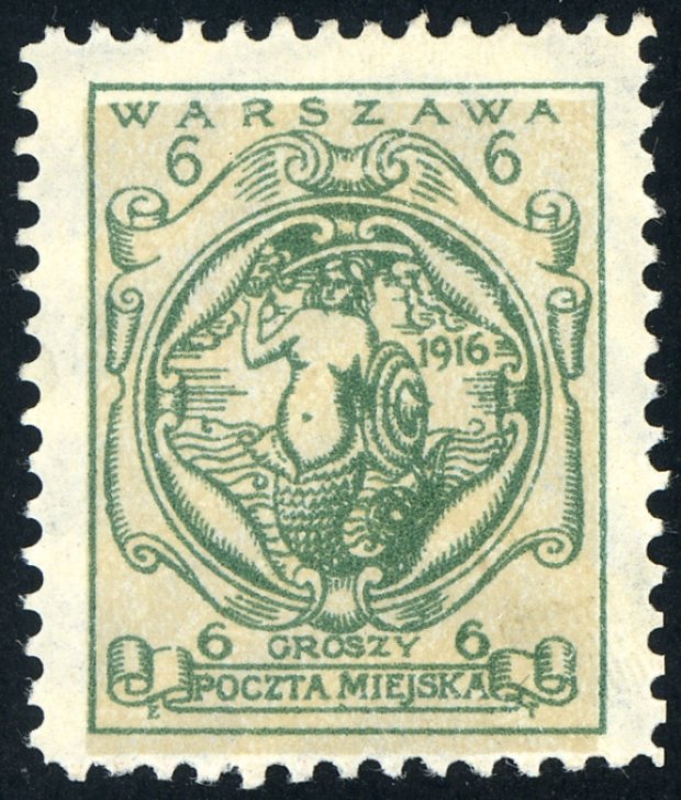 Fot. 13 - znaczek za 6 gr w kolorze zielonym na szaropiaskowym tle, przedstawiający syrenę w herbie Warszawy