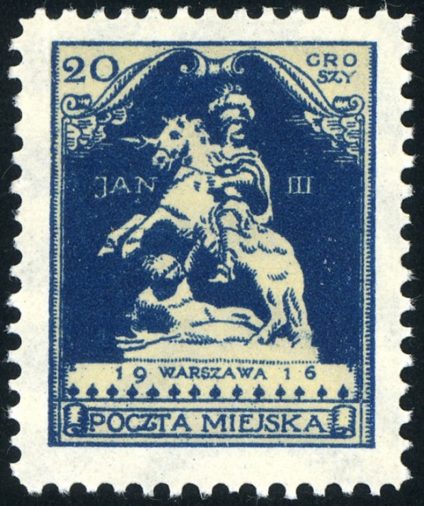 Fot. 15 - znaczek za 20 gr w kolorze ciemnoniebieskim na piaskowym tle, przedstawiający pomnik króla Jana III w Warszawie