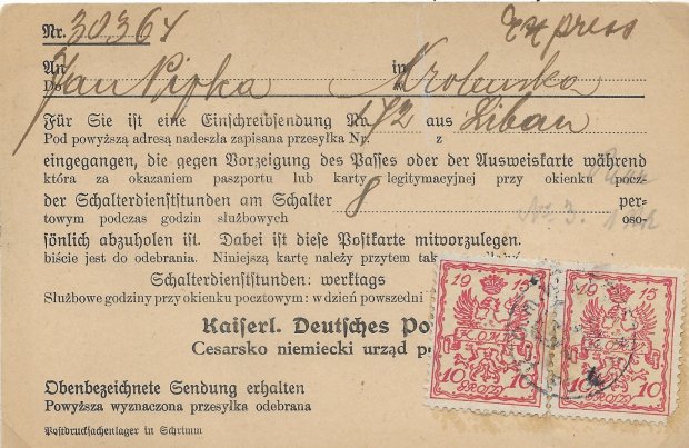 Fot. 16 - opłata 20 gr na druku pocztowym potwierdzającym dostarczenie listu ekspresowego.