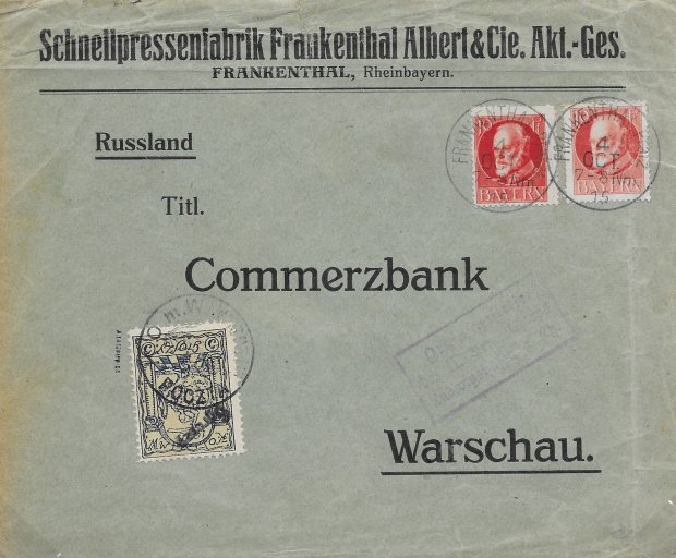 Fot. 17 - znaczek 6 gr lub 5 gr z nadrukiem gumowym 6 groszy, potwierdzający dostarczenie do adresata listu handlowego wysłanego z Frankenthall w Bawarii (niemiecki kraj związkowy, wydający własne znaczki)