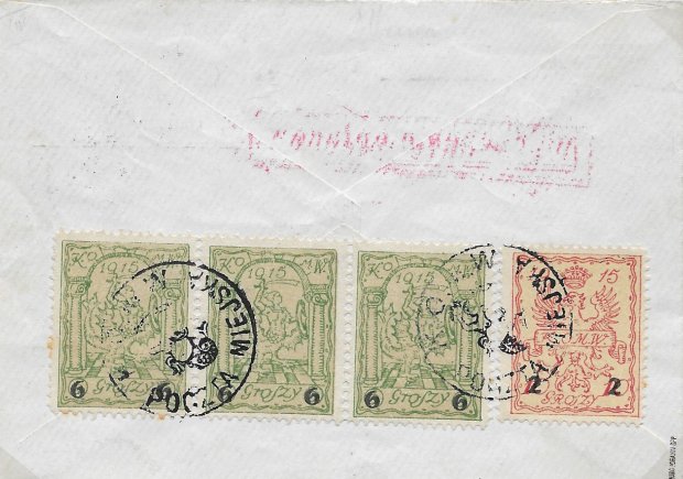 Fot. 18B - strona druku pocztowego przesłanego jako ekspres ze znaczkami opłaty doręczeniowej Poczty Miejskiej wydań przedrukowych 6 i 7 (razem 20 groszy)