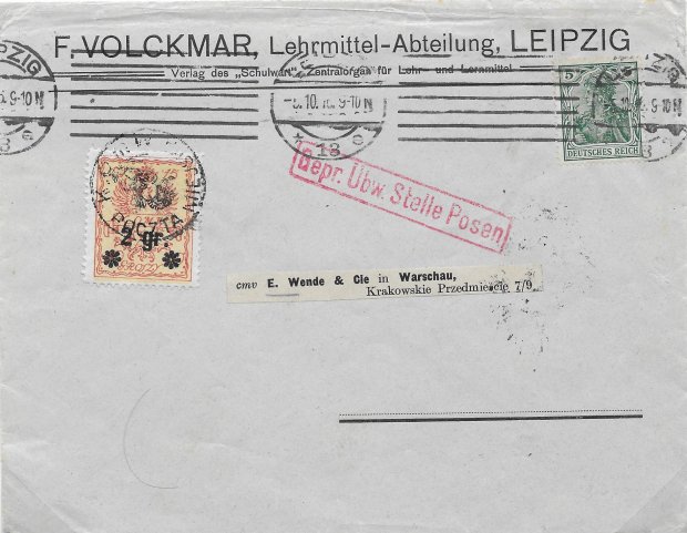 Fot. 19 - handlowy druk pocztowy z Lipska do Warszawy. Dostarczenie do nadawcy opłacano znaczkiem 2 gr lub 10 gr