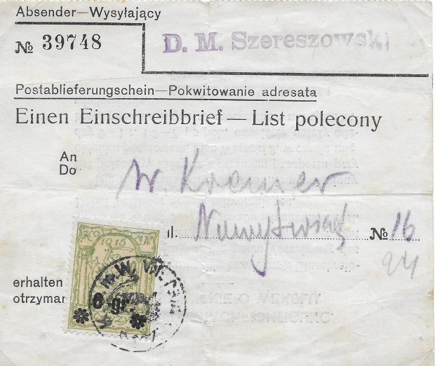 Fot. 20 - formularz poczty niemieckiej, potwierdzający odbiór listu poleconego, opłacany znaczkiem 6 gr lub 5 gr