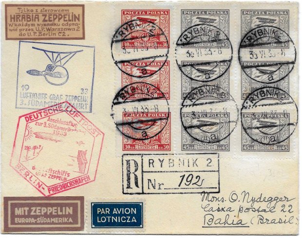 List przesłany sterowcem przez Atlantyk z Rybnika do Brazylii opłacony znaczkami lotniczymi, (Fot. 5.)