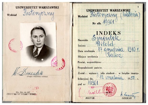 Indeks UW Witolda Smentka, 1951. Źródło Archiwum UW