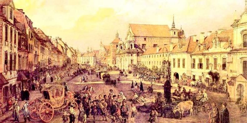 Krakowskie Przedmieście. Widok w stronę Kolumny Zygmunta. Bernardo Bellotto Canaletto