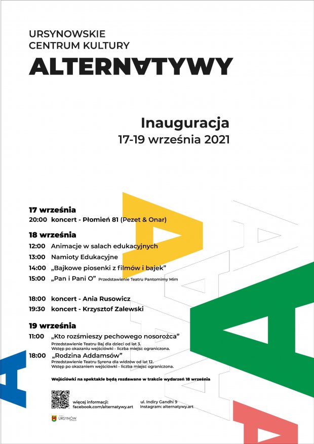 Plakat Ursynowskiego Centrum Kultury Alternatywy, inauguracja, 17-19 września 2021