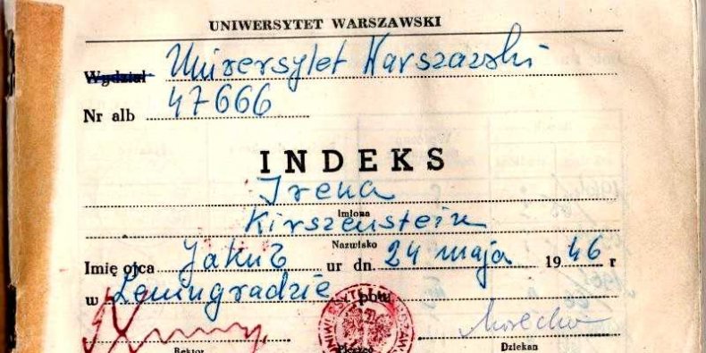 1. strona indeksu Ireny Kirszenstein na Uniwersytecie Warszawskim