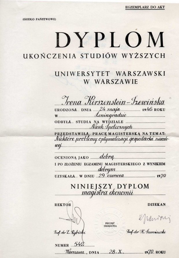 Dyplom ukończenia studiów wyższych Ireny Kirszenstein-Szewińskiej