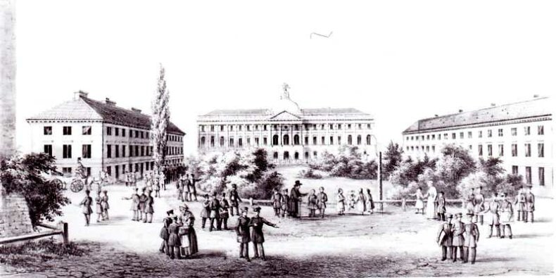 Widok dziedzińca UW z Pałacem Kazimierzowskim, 1828 fot. Archiwum UW