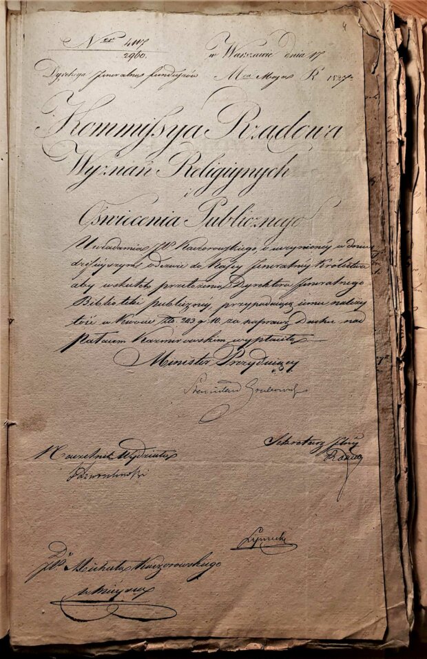 Dokumenty w sprawie remontu dachu Pałacu Kazimierzowskiego, podpisane przez ministra S. Grabowskiego, 1827 r. Archiwum UW