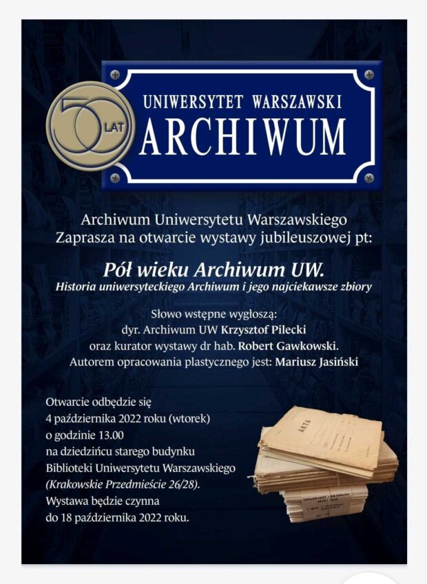 Archiwum UW - zaproszenie na wystawę jubileuszową