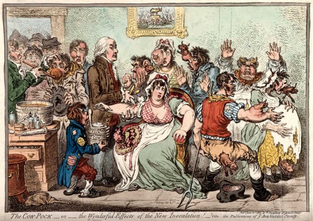 Karykaturalny obrazek autorstwa Jamesa Gillraya przedstawiający Edwarda Jennera szczepiącego pacjentów w londyńskim szpitalu Saint Pancras, 1802, Wellcome Collection