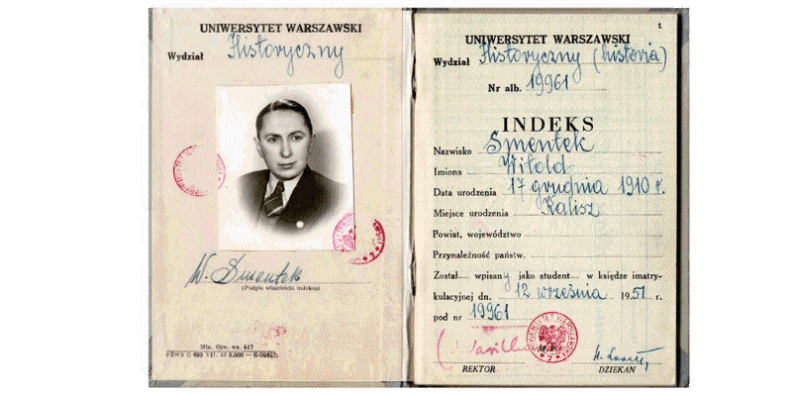 Indeks Witolda Smentka studenta Wydziału Historycznego Uniwersytetu Warszawskiego, który w 21 kwietnia 1937 r. przeszedł operację zmiany płci jeszcze jako Zofia Smętek. Źródło: Archiwum UW