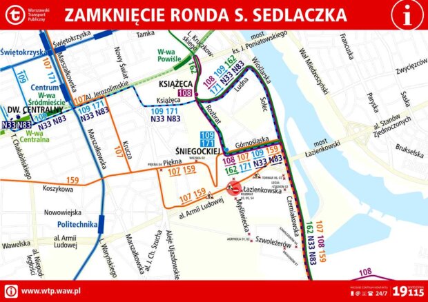 Zmiany komunikacji autobusowej w związku z zamknięciem Ronda Sedlaczka - mapa