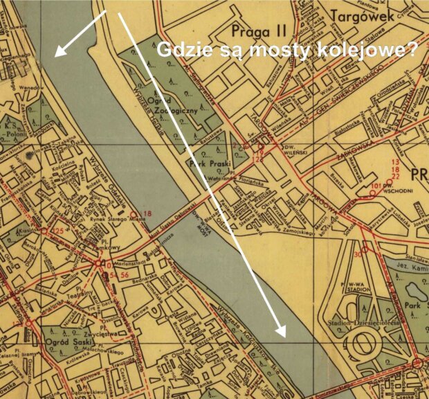 Fragment Mapy Warszawy z 1955 roku z zaznaczonymi przekłamaniami