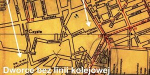 Fragment Mapy Warszawy z 1955 roku z zaznaczonymi przekłamaniami. Zbiory autora