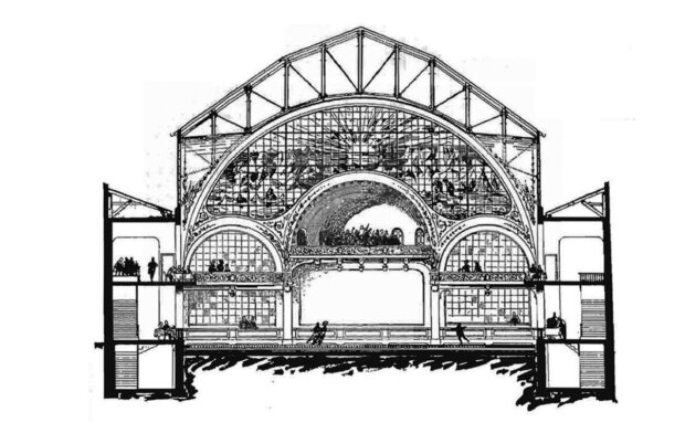 Hala ślizgawkowa w Warszawie, przekrój poprzeczny, rys. S. Szyller, Źródło ''Przegląd Techniczny'' nr 29 s. 389, rok 1912