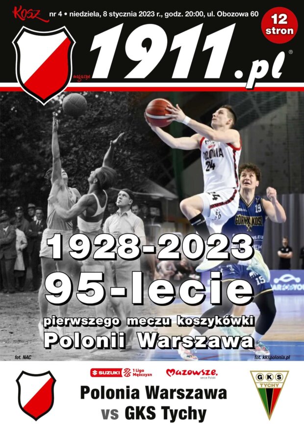 Plakat meczu koszykarzy Polonia Warszawa vs GKS Tychy 8 stycznia 2023 r.