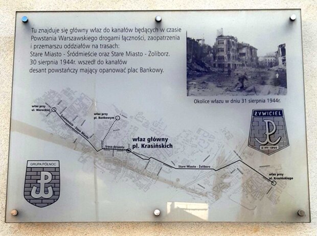 Schemat kanału łączącego Stare Miasto z Żoliborzem i Śródmieściem (tablica pamiątkowej na pl. Krasińskich)
