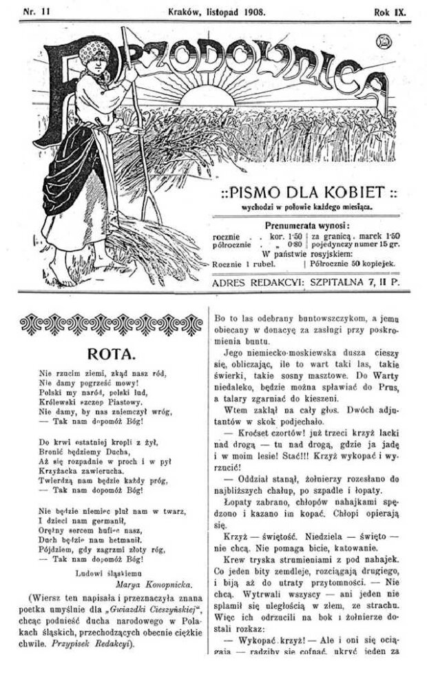 "Rota" Marii Konopnickiej - pierwodruk w piśmie dla kobiet "Przodownica" z roku 1908