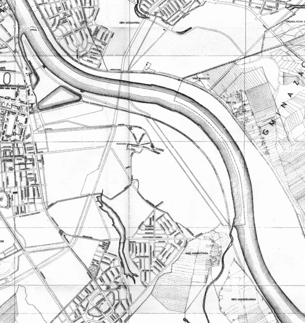 Wisłostrada na Planie Warszawy z 1935 r. Zarząd Miejski w m. st. Warszawie - Dział Regulacji i Pomiarów w 1935. Scala 1 do 100 000. Skan Wikimedia