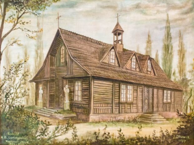 Kościół w Okęciu. Rysował Z. Olkowicz, 1987 r.
