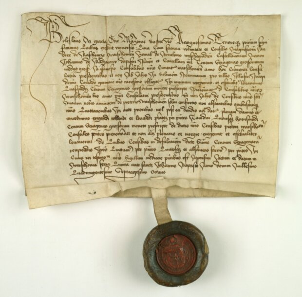 Dokument Bolesława V z 1478 r. dotyczący pożyczki 100 kóp groszy od mieszczan warszawskich (AGAD, dok. perg., nr 1532) Fot. Janusz Grabowski