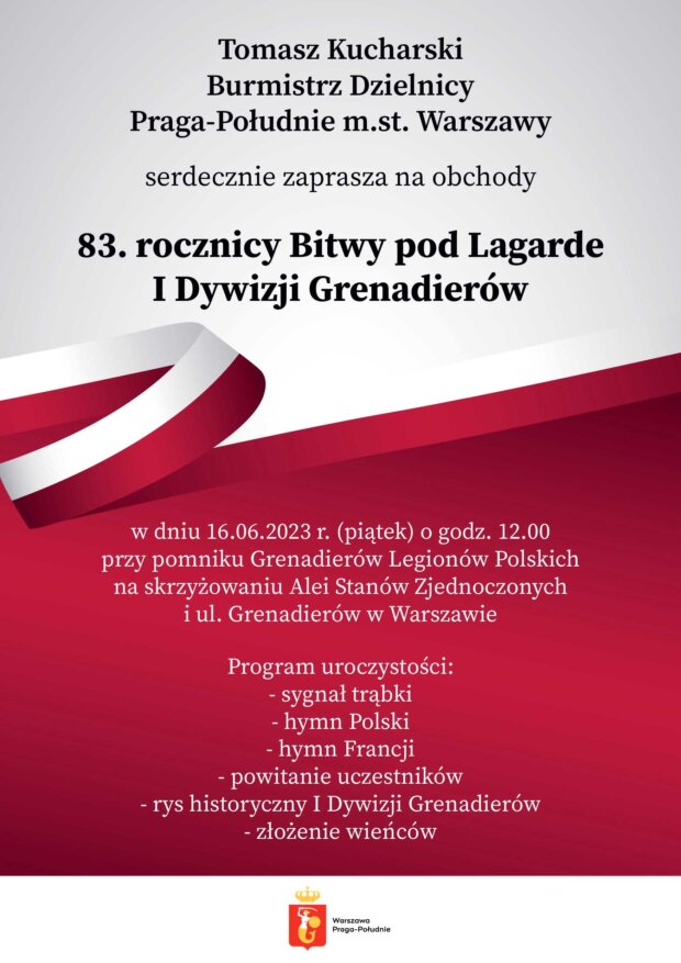 Zaproszenie na uroczyste obchody 83. rocznicy Bitwy pod Lagarde. Fot. UD Praga Południe