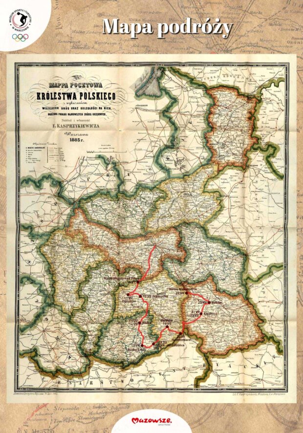 Mapa podróży - fragment wystawy na podstawie dziennika podróży cyklistów Stanisława i Antoniego Fertnerów. Fot. MSiT