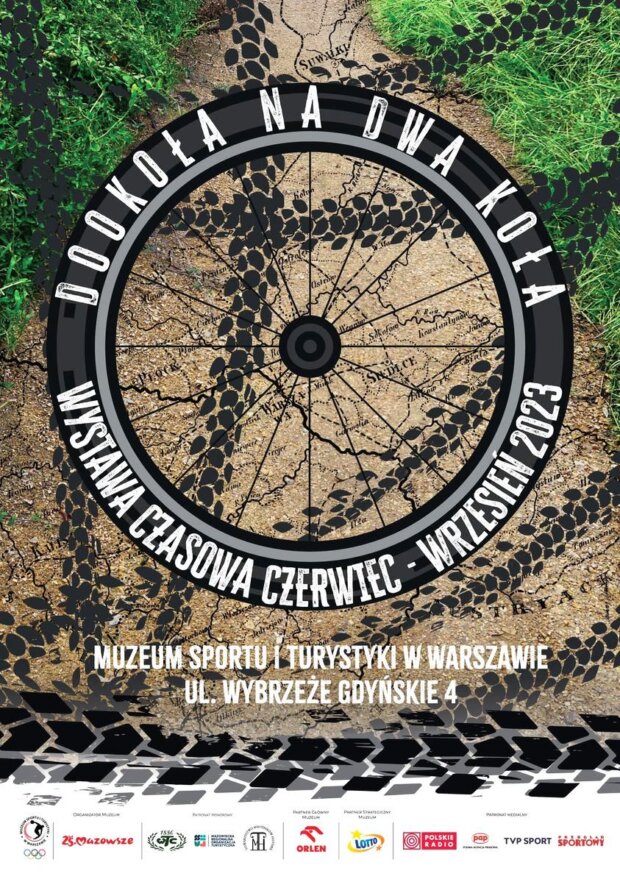 Plakat wystawy ''Dookoła na dwa koła'' w muzeum Sportu i Turystyki