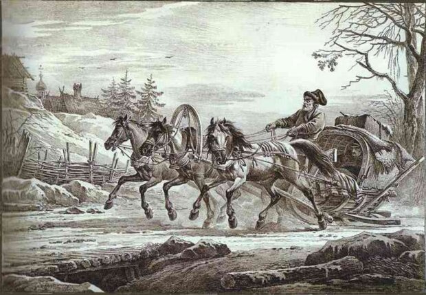 Podróżny w kibitce, Aleksander Orłowski, litografia z 1819 r. Muzeum Ermitaż, Sankt Petersburg, Rosja