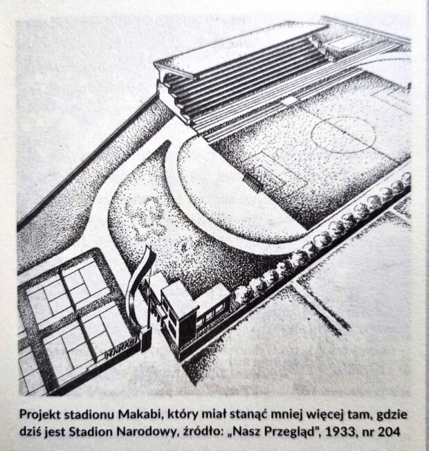 Projekt stadionu Makabi, który miał stanąć mniej więcej tam, gdzie dziś jest Stadion Narodowy, źródło: „Nasz Przegląd", 1933, nr 204. Źr. Polona.pl