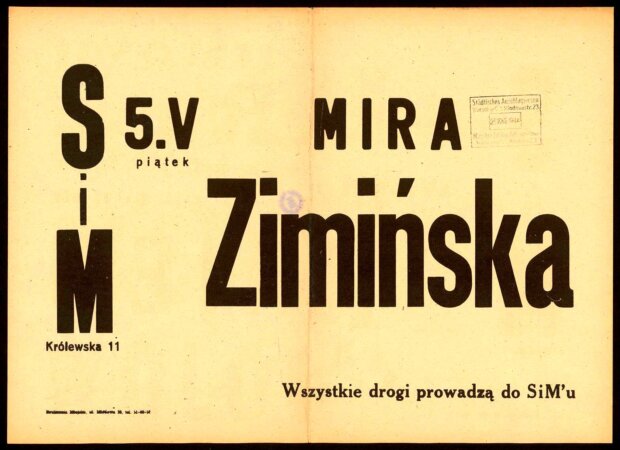 Afisz zapowiadający okupacyjny występ Miry Zimińskiej. Źródło Biblioteka Narodowa - Polona