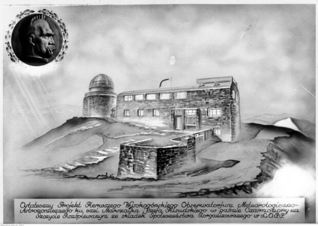 Ozdobna wizualizacja budowy obserwatorium na Pop Iwanie z 1936 r. Jeszcze wtedy, czasami szczyt nazywano ''Rozśpiewanym'', co było dosłownym tłumaczeniem z huculskiej gwary ''Popiwani''. źr. NAC