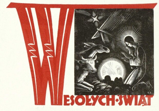 Wesołych Świąt w Boże Narodzenie - rycina. Rytownik Stanisław Ostoja-Chrostowski (1900-1947). Źr. Polona