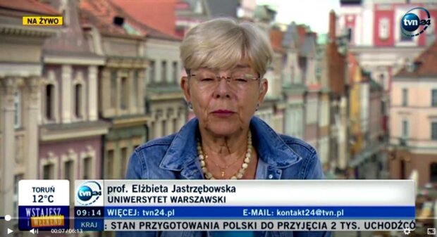 Profesor Elżbieta Jastrzębowska w TVN24 6 września. 2015. Źr. TVN
