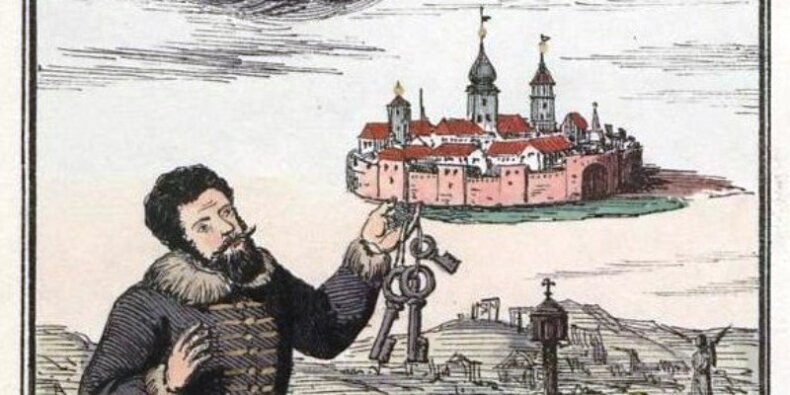 Łukasz Drewno oddający w 1624 Warszawę pod opiekę Najświętszej Marii Panny i świętego Benona na rysunku Bolesława Podczaszyńskiego (26 lipca 1852 r.) Fragment. Źródło Polona.pl