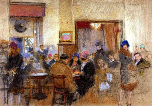 W kawiarni Ziemiańska - pastel na kartonie około 1926 r. Wys. 65 cm, szer. 94 cm. Autor Józef Rapacki