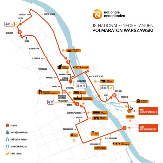 18. Półmaraton Warszawski - mapa trasy. Fot. Mat. prasowy