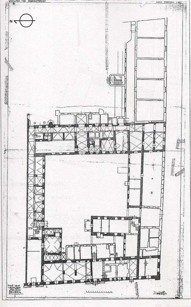 Plan przyziemia dawnego pałacu Adama Kazanowskiego wykonany w 1931 roku przez Zakład Architektury Polskiej PW. Zbiory Naukowe ZAP WA PW, nr inw. 14680 i 1468. Fot. Arch. autorki