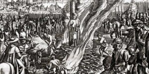 Spalenie Jana Husa w Konstancji. Autor Matthäus Merian, Źr. Historische Chronica..., Frankfurt am Main 1630 (Wikipedia)
