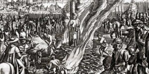 Spalenie Jana Husa w Konstancji. Autor Matthäus Merian, Źr. Historische Chronica..., Frankfurt am Main 1630 (Wikipedia)