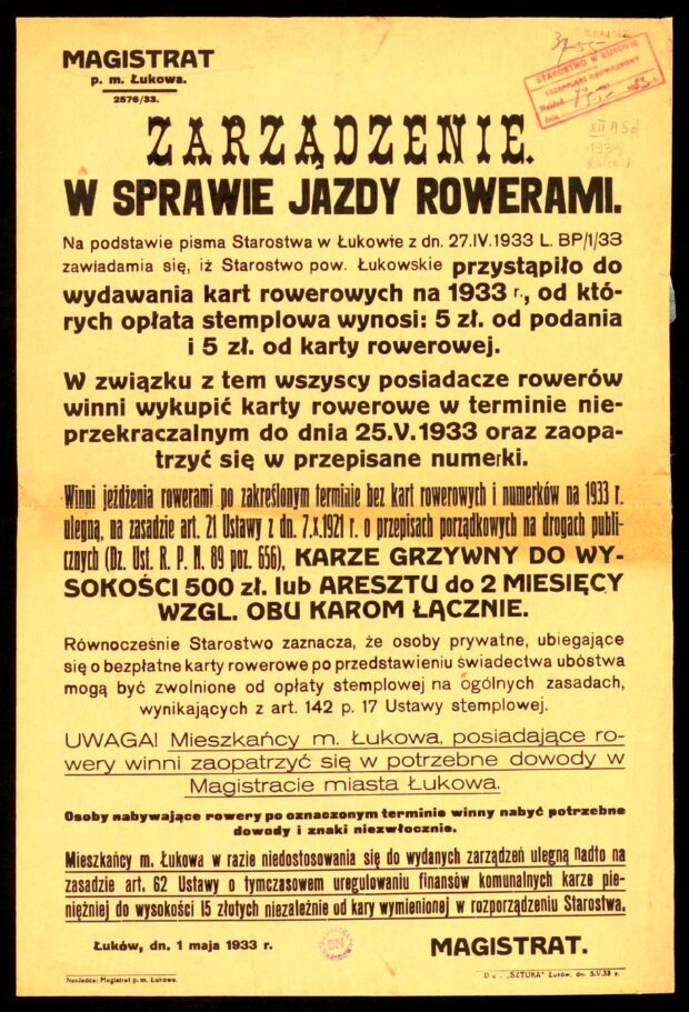 Zarządzenie o wydawaniu kart rowerowych w Łukowie, 1933 r. (BN-Polona)