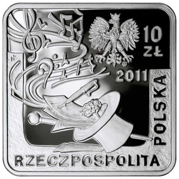 Rewers srebrnej kwadratowej monety Przybory i Wasowskiego o nominale 10 zł. Fot. NBP